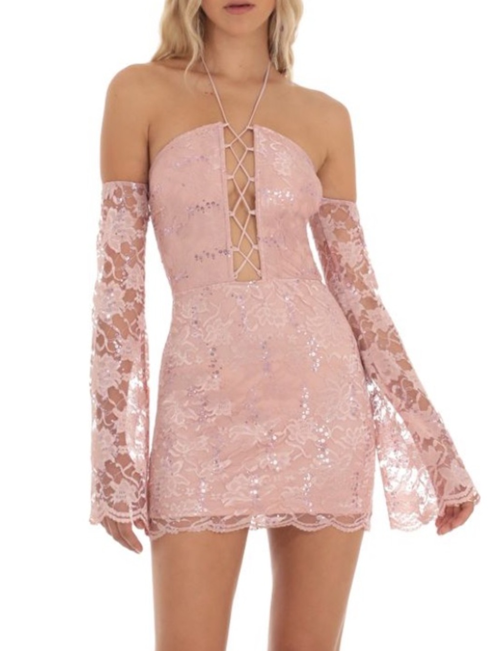 Lucy in the Sky Lace Sequin Off Shoulder Dress in Dusty Rose